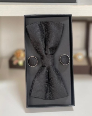 Black Floral Bow tie, Pocketsquare & Cufflinks