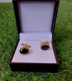 Gold Cufflinks Set with Black Rhinestone