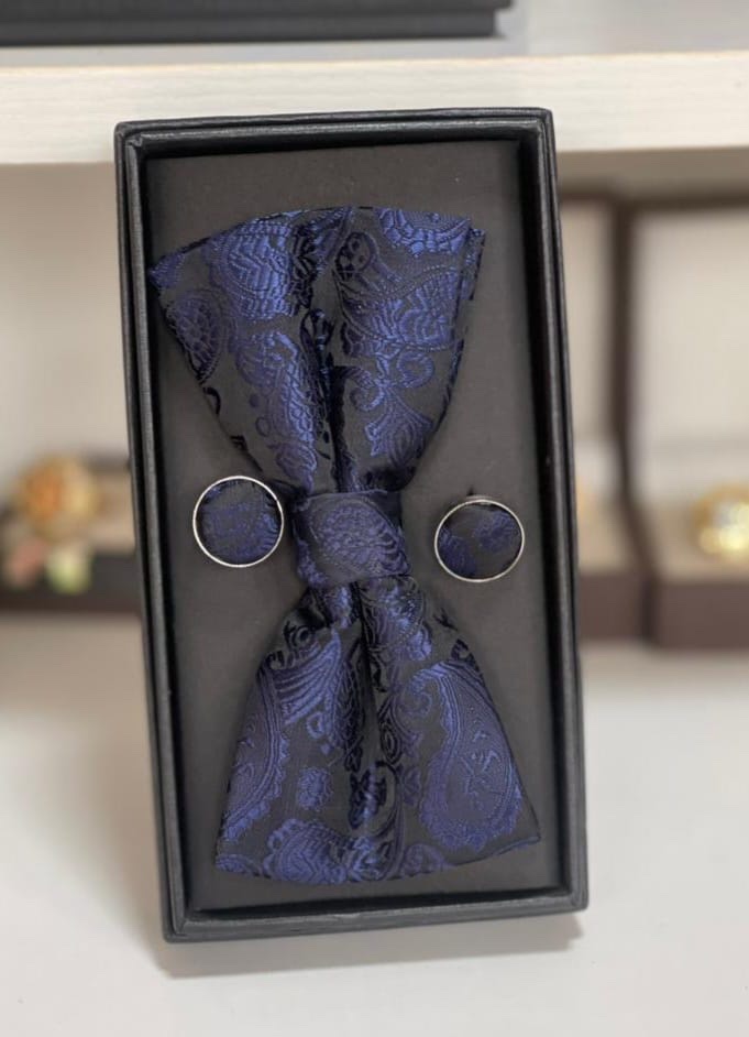 Blue Paisley Bow Tie, Pocketsquare & Cufflinks