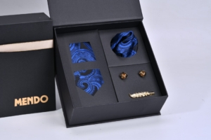 Blue Paisley Tie, Pocket square, Clip and Cufflinks Set